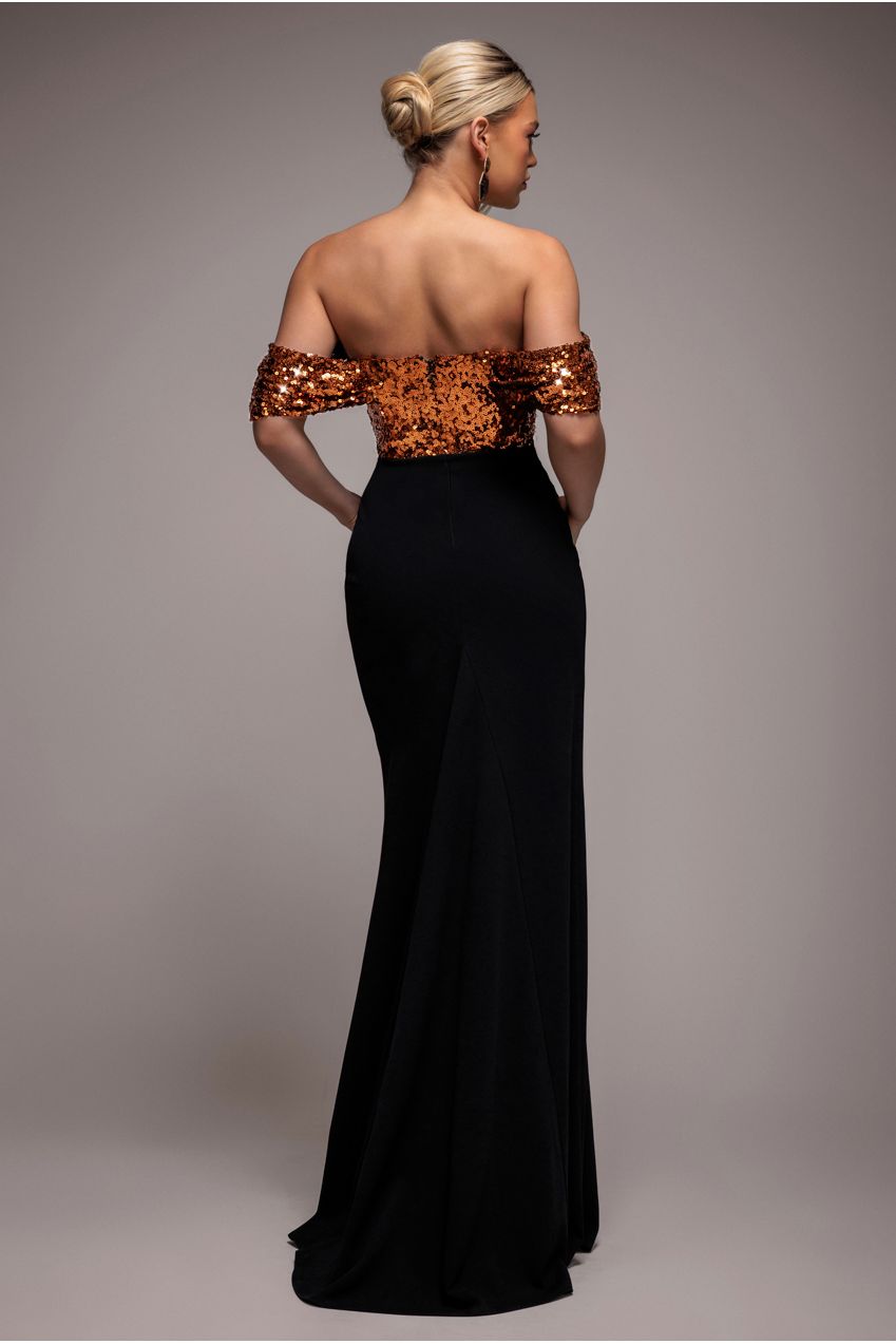 Goddiva Corset Sequin Wing Bodice Scuba Skirt Maxi Dress - Bronze