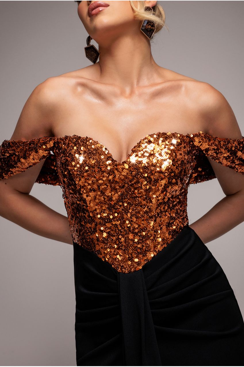 Goddiva Corset Sequin Wing Bodice Scuba Skirt Maxi Dress - Bronze