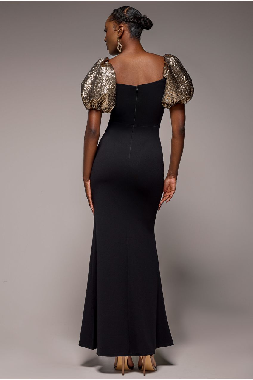 Goddiva Jacquard Puff Sleeve Sweetheart Scuba Maxi Dress - Black