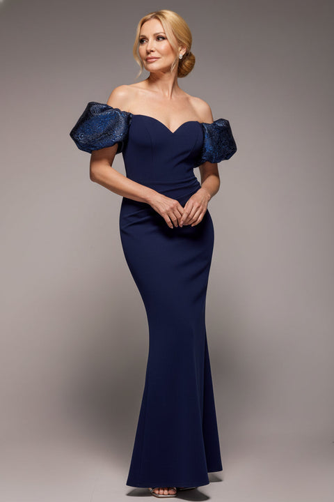 Goddiva Jacquard Puff Sleeve Sweetheart Scuba Maxi Dress - Navy Blue