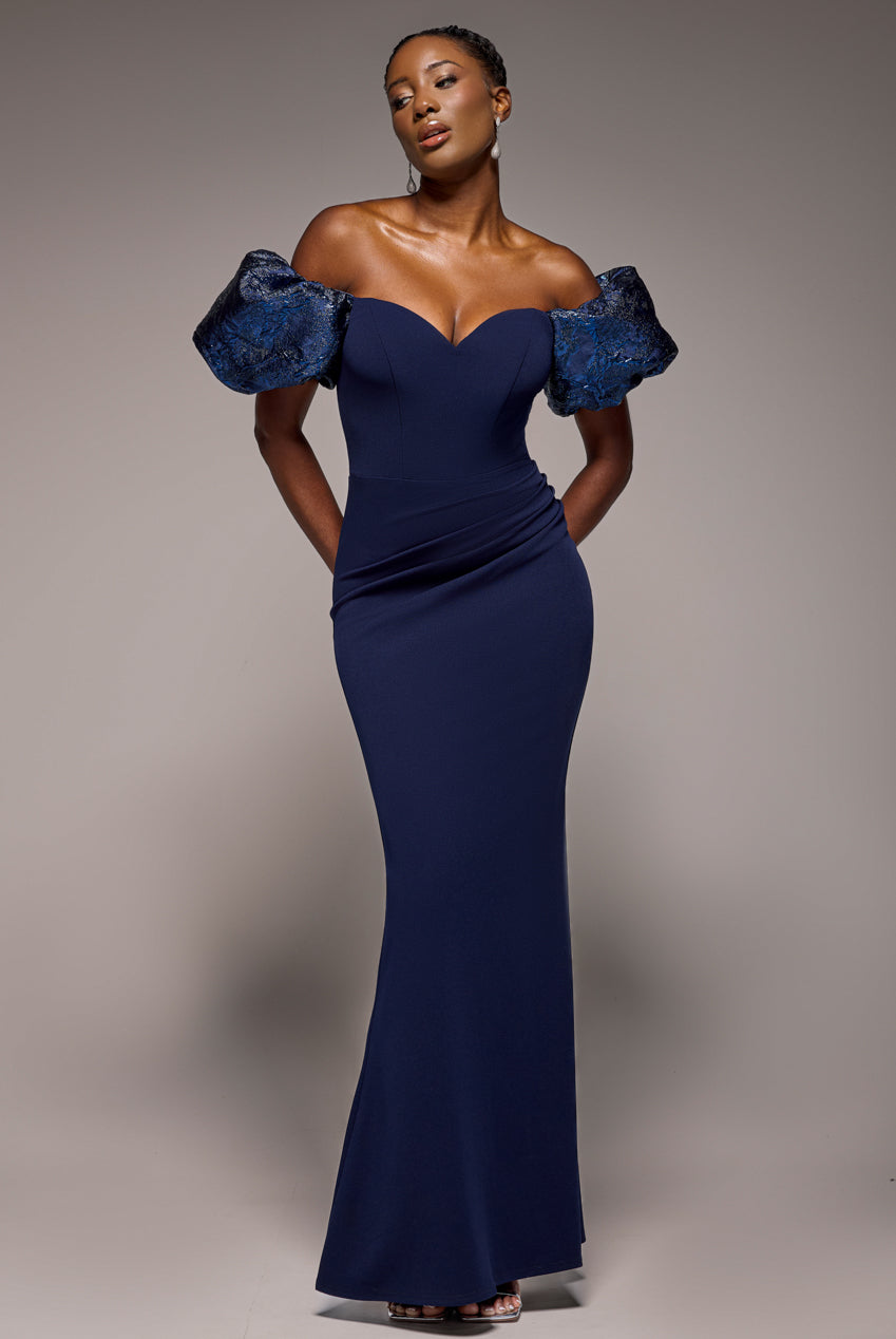 Goddiva Jacquard Puff Sleeve Sweetheart Scuba Maxi Dress - Navy Blue