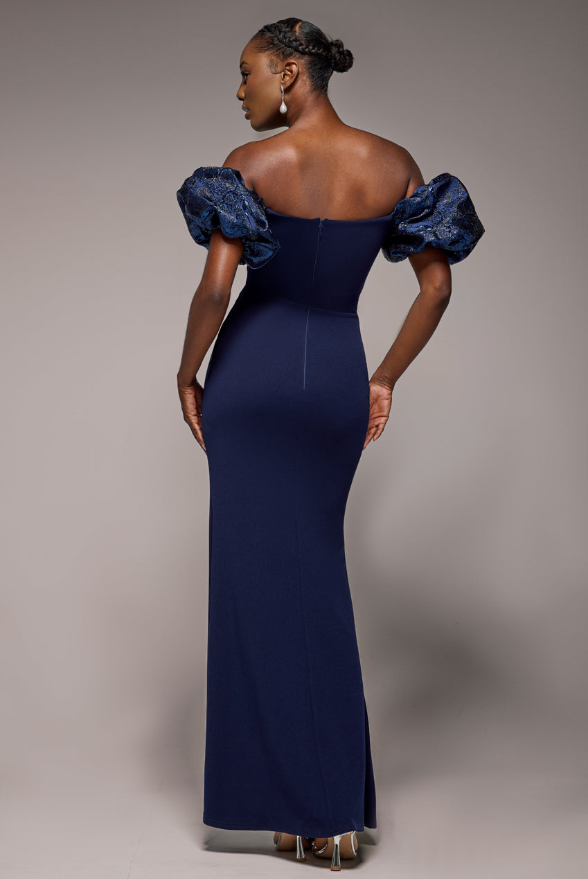 Goddiva Jacquard Puff Sleeve Sweetheart Scuba Maxi Dress - Navy Blue