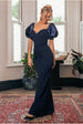 Goddiva Jacquard Puff Sleeve Sweetheart Scuba Maxi Dress - Navy Blue