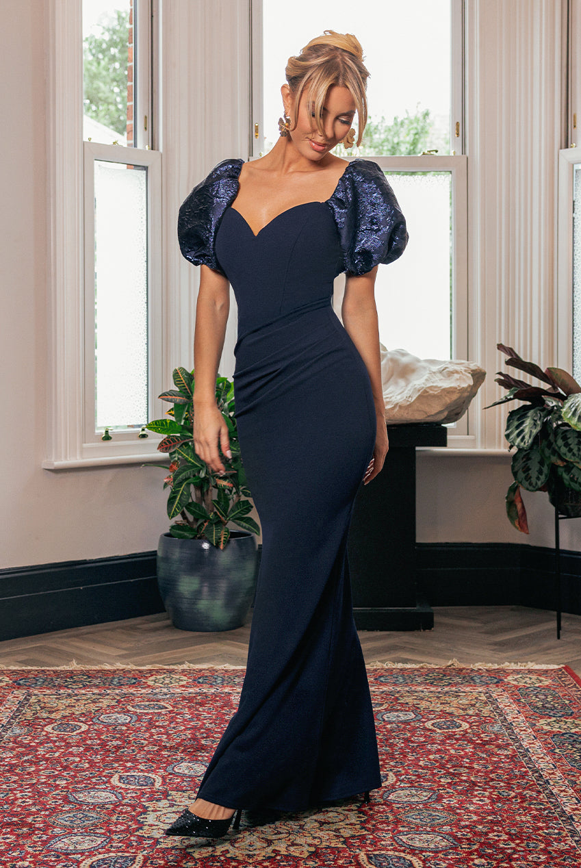 Goddiva Jacquard Puff Sleeve Sweetheart Scuba Maxi Dress - Navy Blue