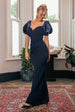 Goddiva Jacquard Puff Sleeve Sweetheart Scuba Maxi Dress - Navy Blue
