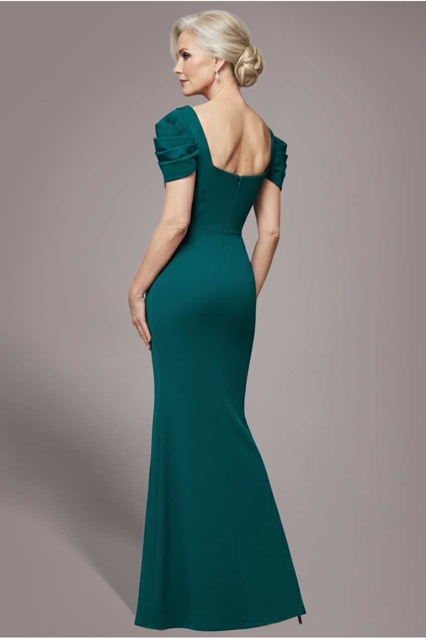 Goddiva Plunging Neck Pleated Sleeves Scuba Maxi Dress - Emerald Green