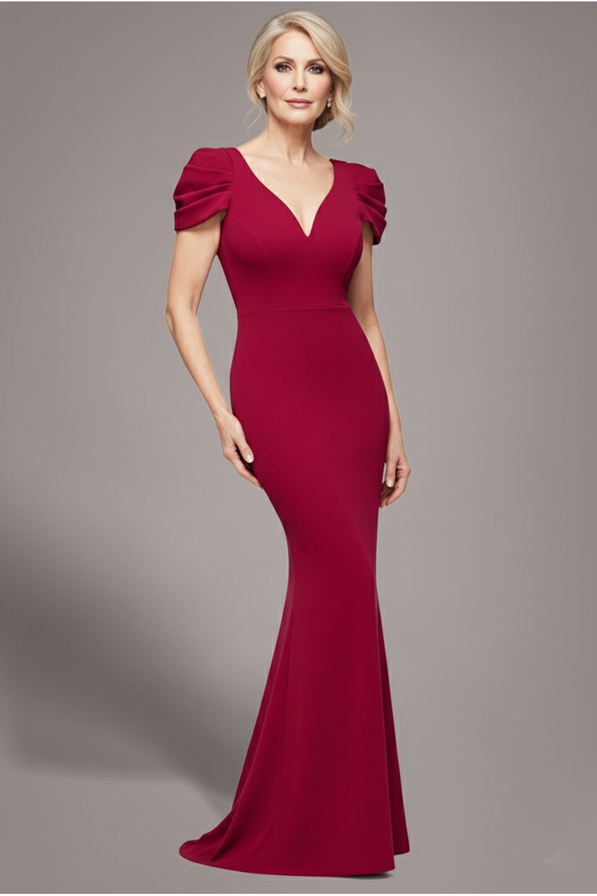 Goddiva Plunging Neck Pleated Sleeves Scuba Maxi Dress - Burgundy Red