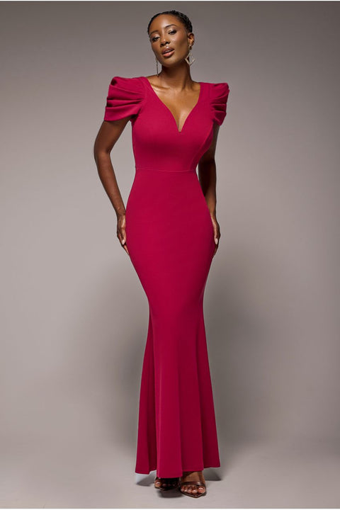 Goddiva Plunging Neck Pleated Sleeves Scuba Maxi Dress - Burgundy Red