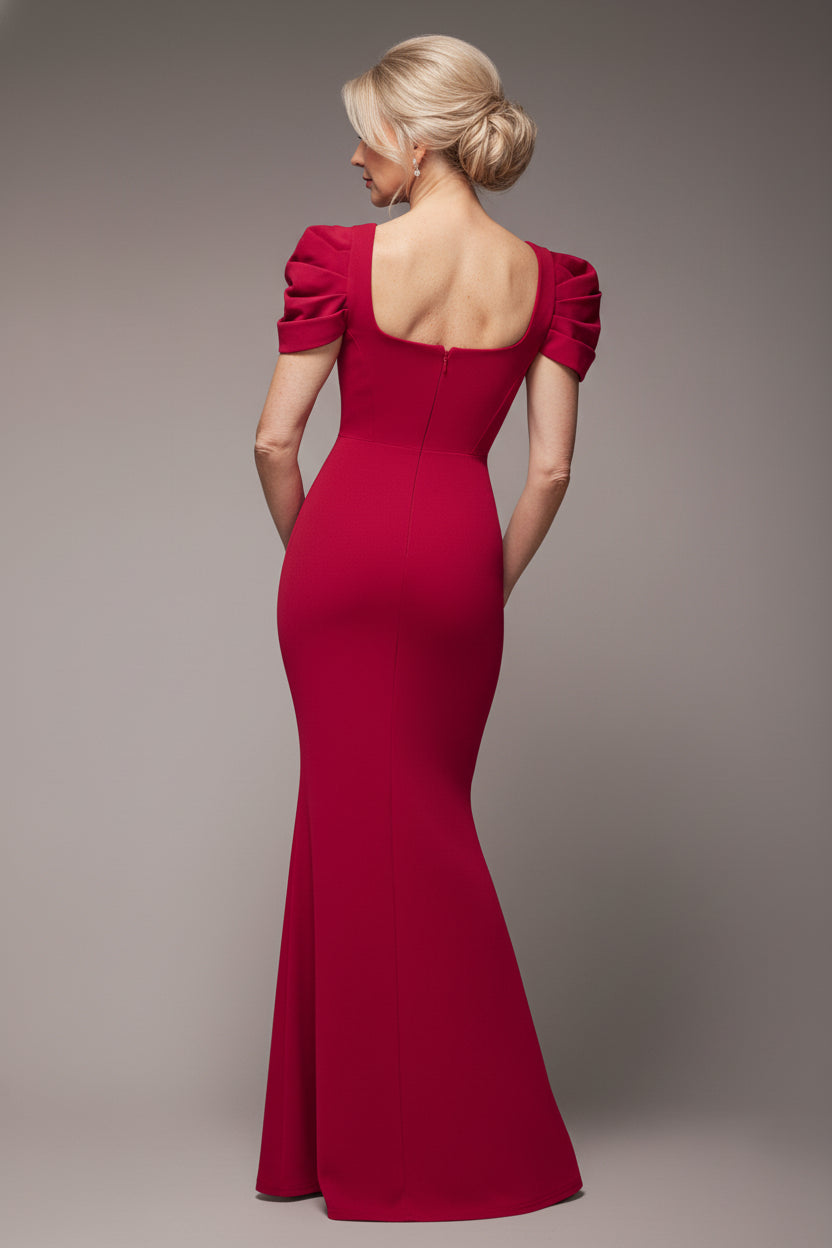 Goddiva Plunging Neck Pleated Sleeves Scuba Maxi Dress - Burgundy Red