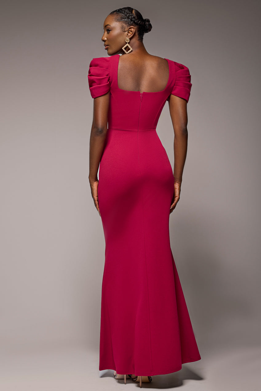 Goddiva Plunging Neck Pleated Sleeves Scuba Maxi Dress - Burgundy Red