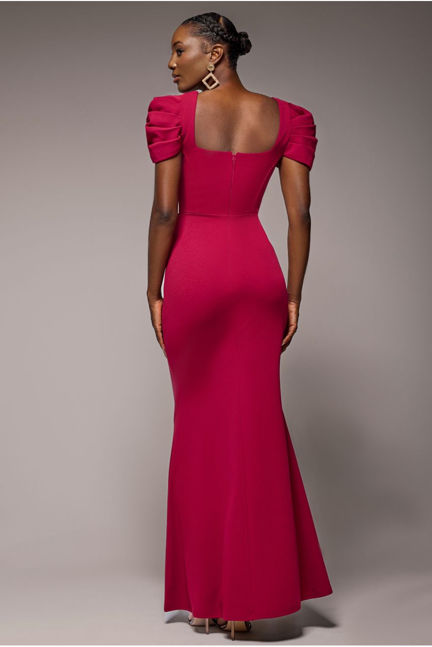 Goddiva Plunging Neck Pleated Sleeves Scuba Maxi Dress - Burgundy Red