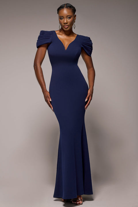 Goddiva Plunging Neck Pleated Sleeves Scuba Maxi Dress - Navy Blue