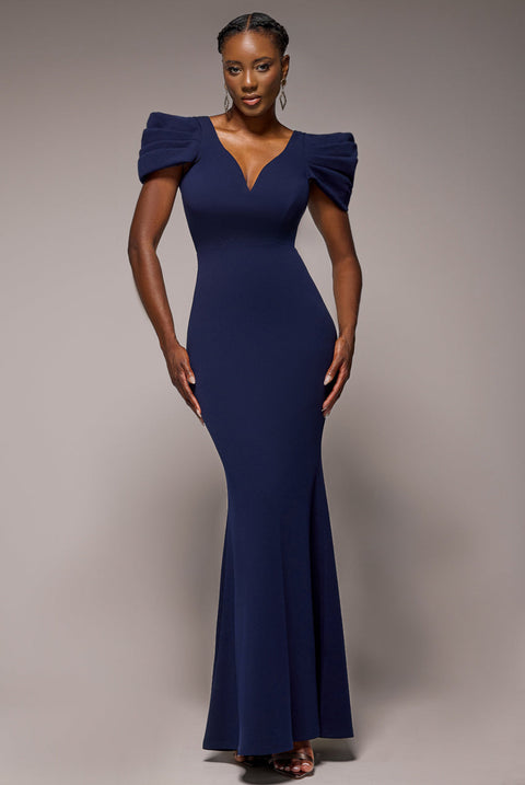 Goddiva Plunging Neck Pleated Sleeves Scuba Maxi Dress - Navy Blue