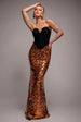 Goddiva Scuba Crepe & Sequin Dipped Waist Strapless Maxi Dress - Bronze