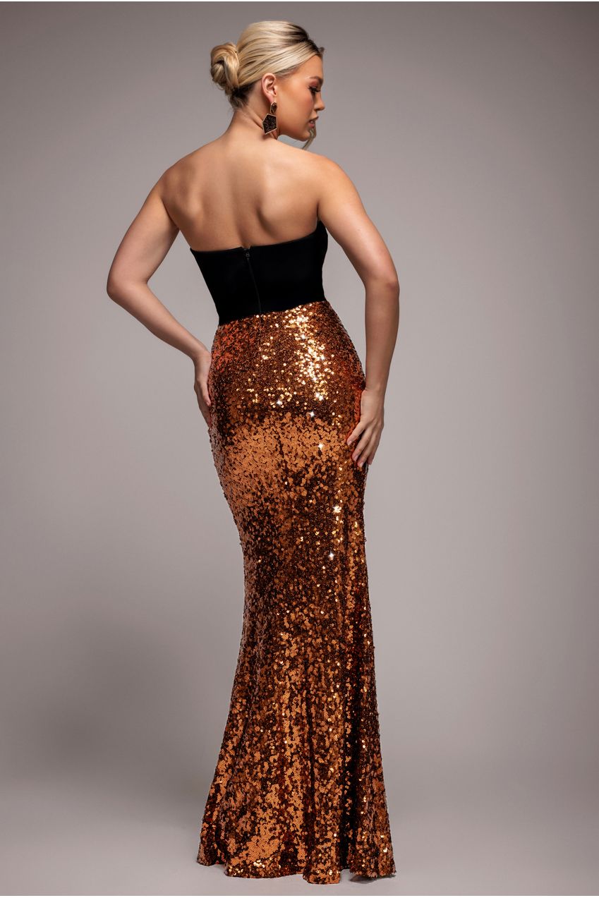 Goddiva Scuba Crepe & Sequin Dipped Waist Strapless Maxi Dress - Bronze
