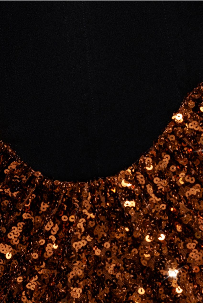 Goddiva Scuba Crepe & Sequin Dipped Waist Strapless Maxi Dress - Bronze