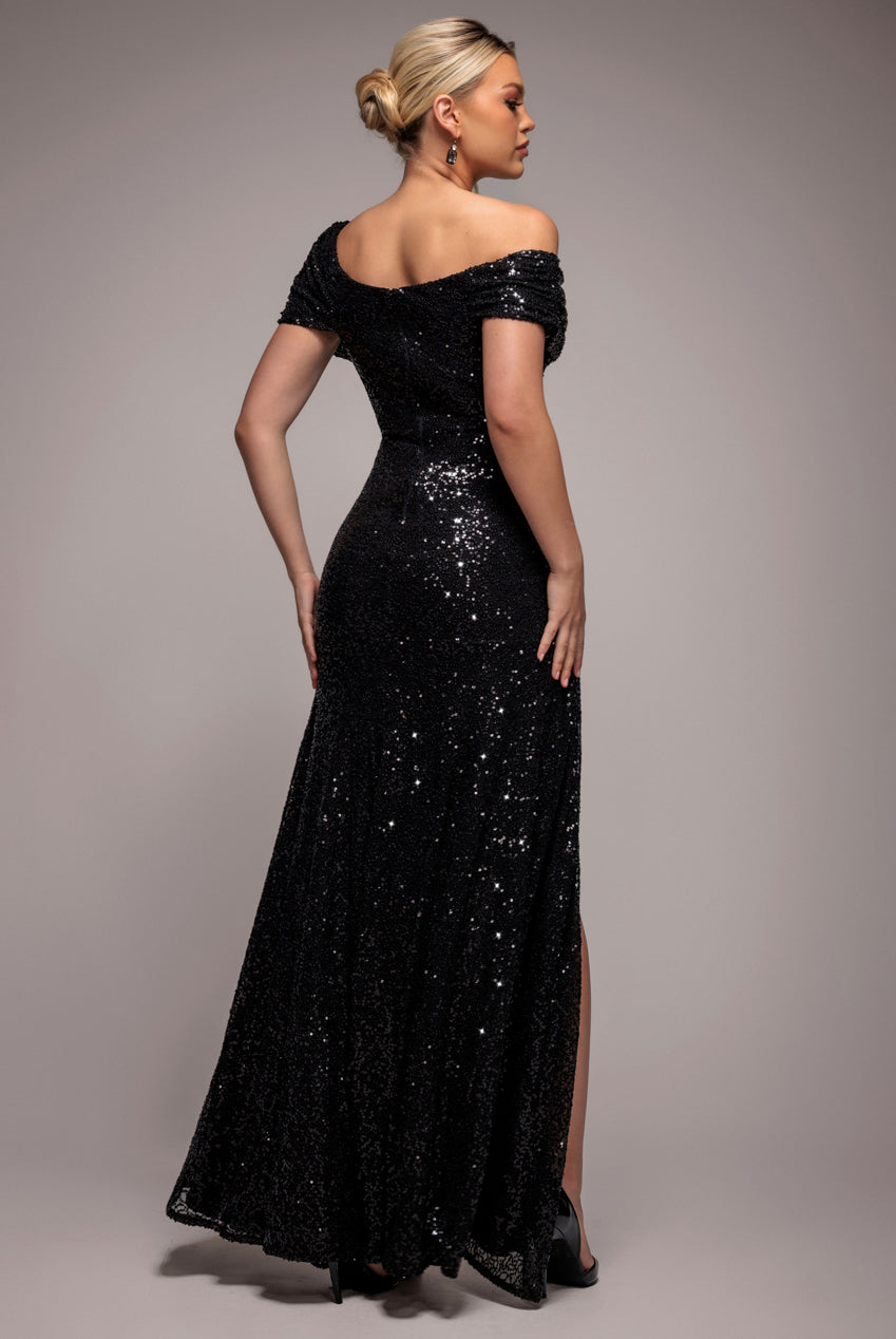 Goddiva Off The Shoulder Sequin Cowl Drawstring Maxi Dress - Black