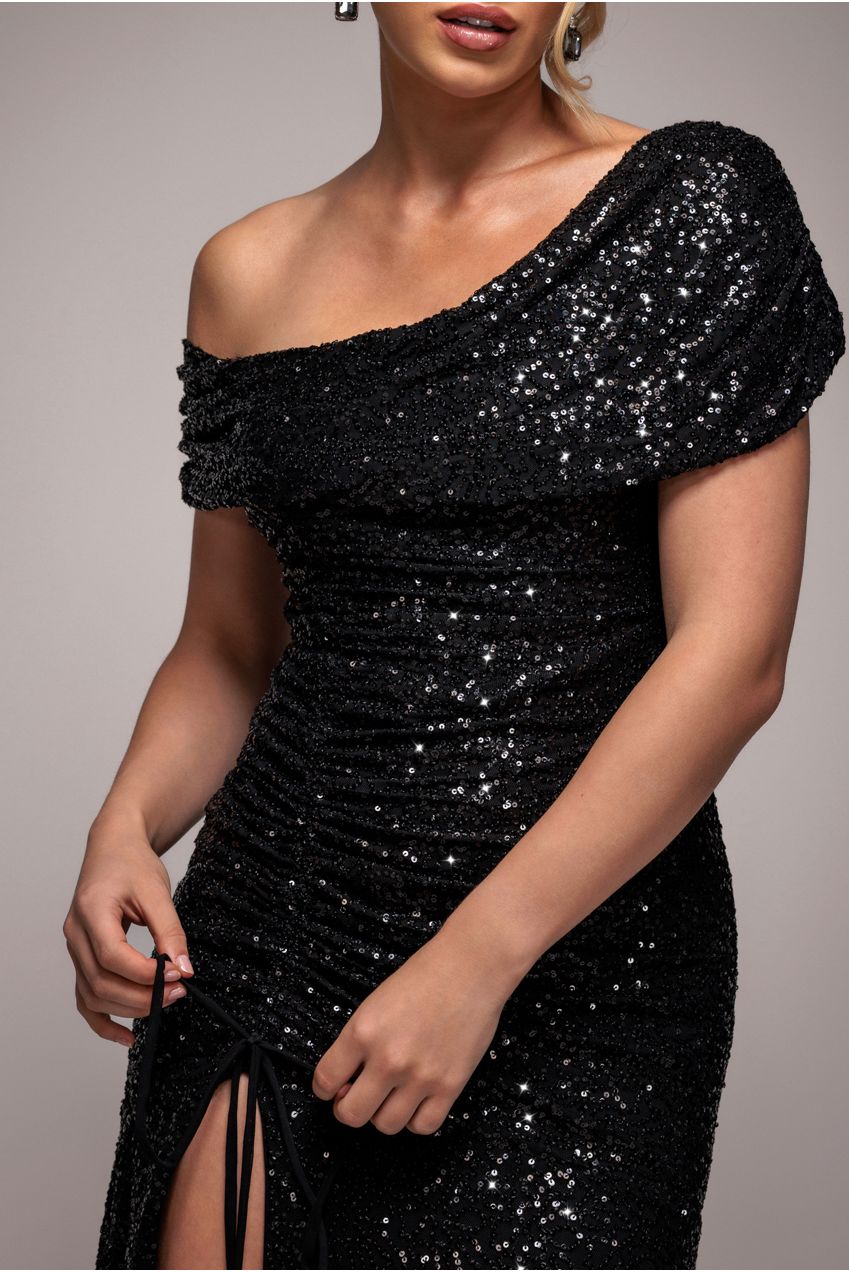 Goddiva Off The Shoulder Sequin Cowl Drawstring Maxi Dress - Black