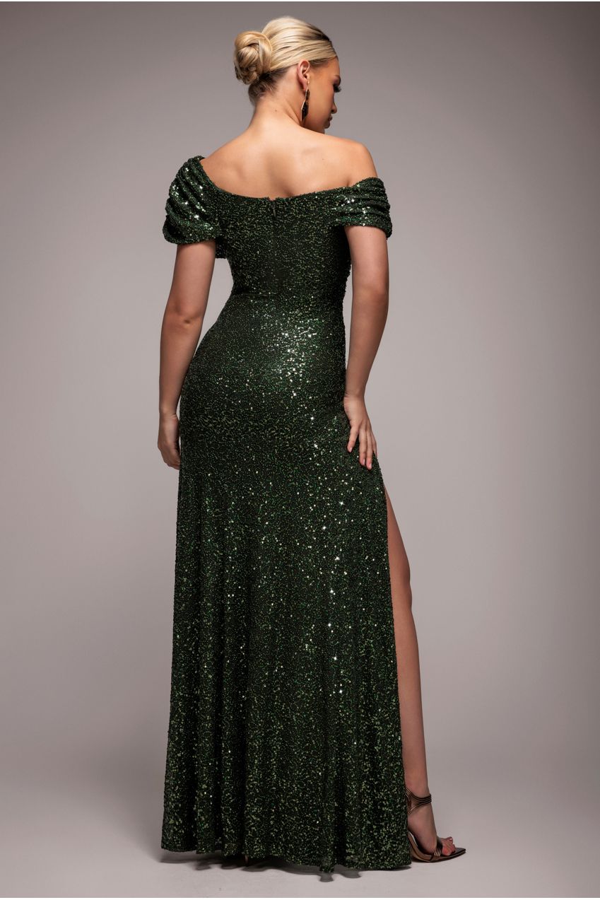 Goddiva Off The Shoulder Sequin Cowl Drawstring Maxi Dress - Olive Green
