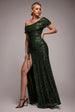 Goddiva Off The Shoulder Sequin Cowl Drawstring Maxi Dress - Olive Green