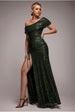 Goddiva Off The Shoulder Sequin Cowl Drawstring Maxi Dress - Olive Green