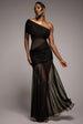 Goddiva Gathered One Shoulder Sheer Panel Maxi Dress - Black