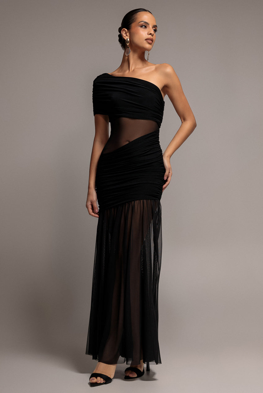 Goddiva Gathered One Shoulder Sheer Panel Maxi Dress - Black