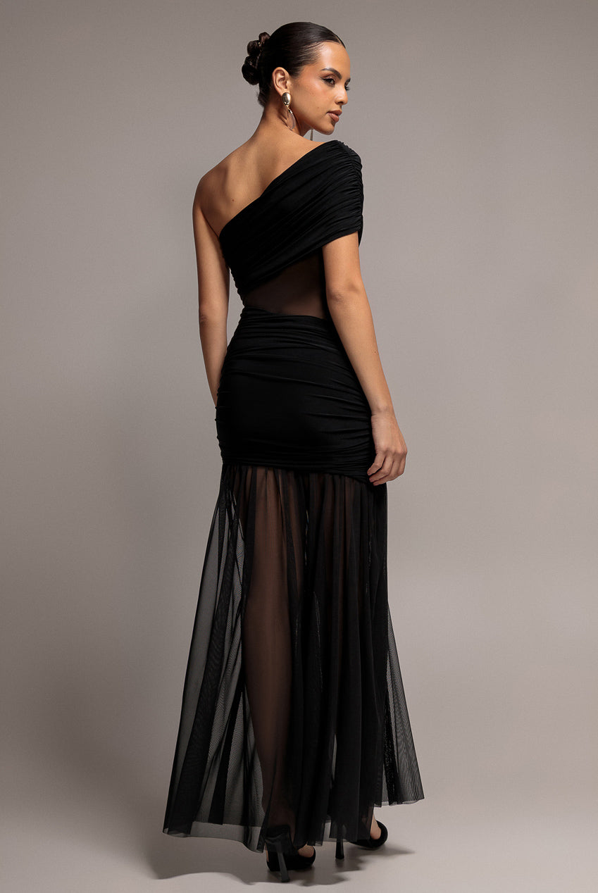 Goddiva Gathered One Shoulder Sheer Panel Maxi Dress - Black