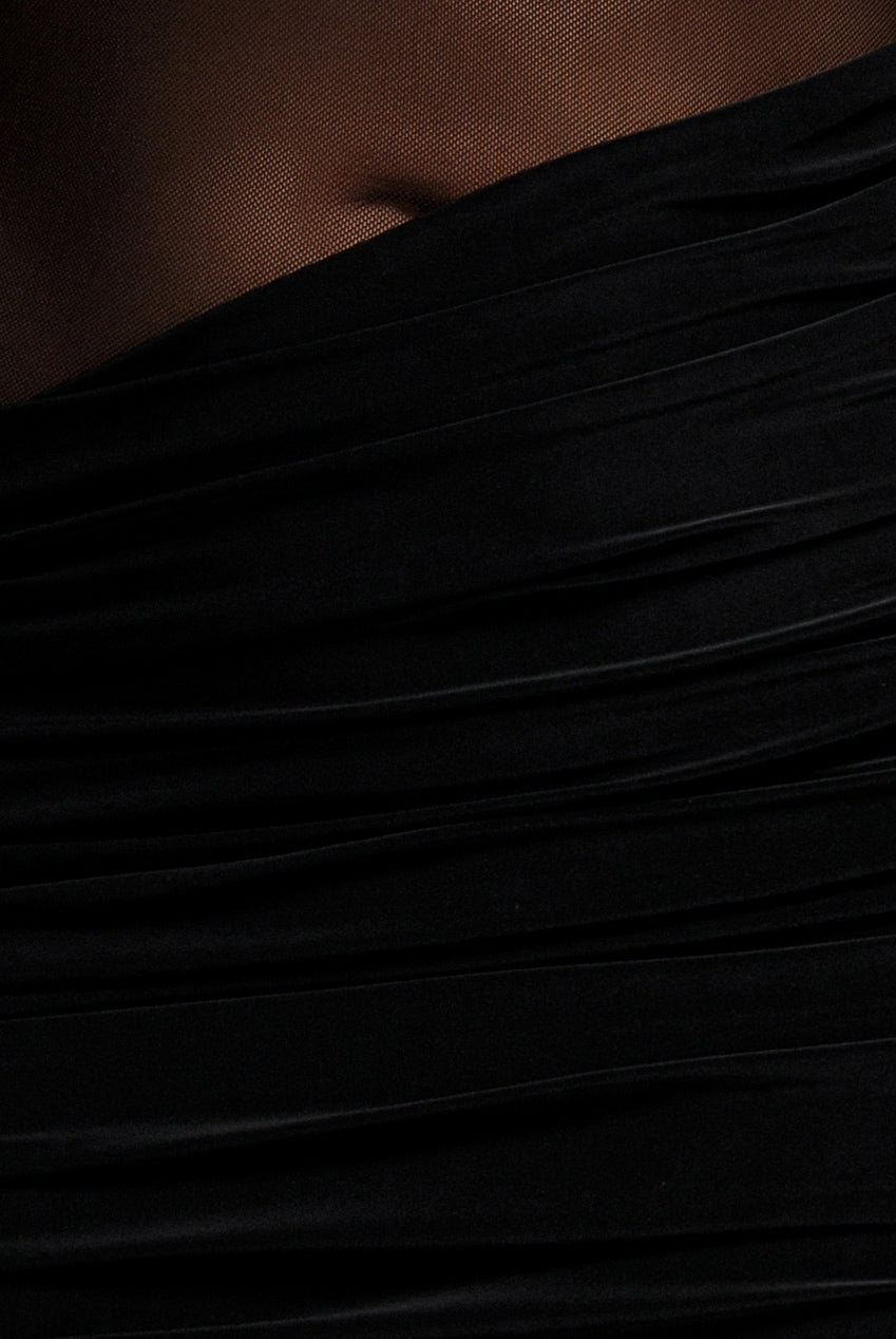 Goddiva Gathered One Shoulder Sheer Panel Maxi Dress - Black