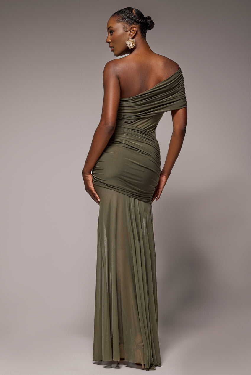 Goddiva Gathered One Shoulder Sheer Panel Maxi Dress - Khaki Green