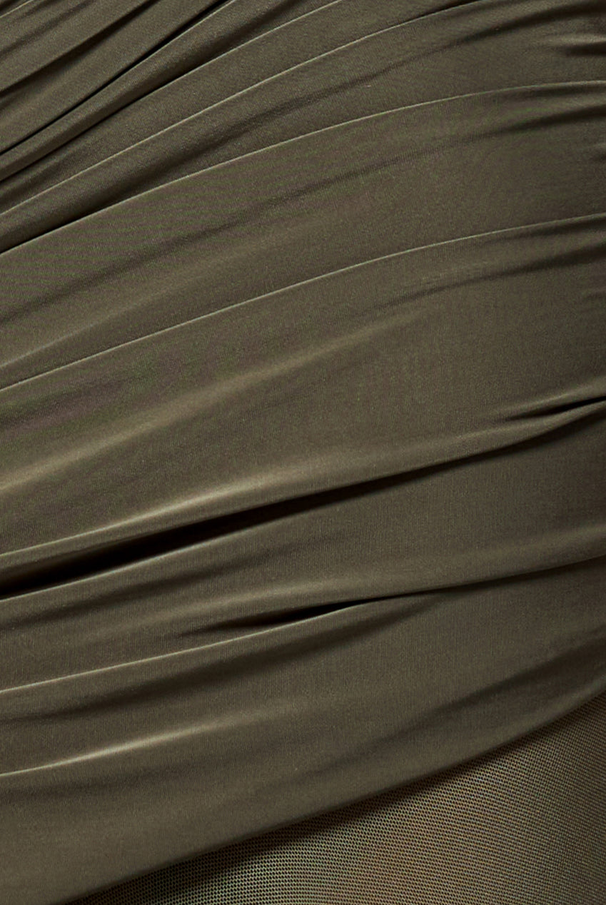 Goddiva Gathered One Shoulder Sheer Panel Maxi Dress - Khaki Green