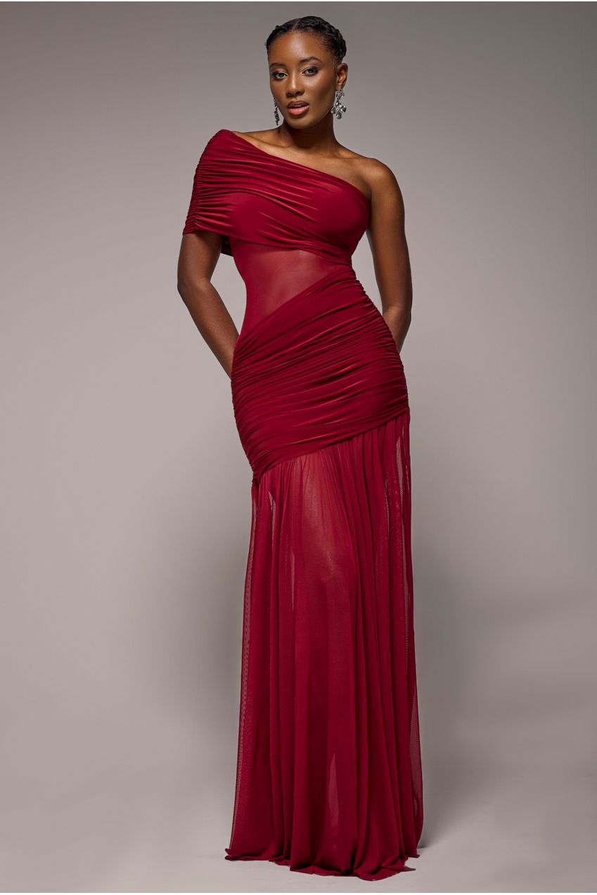 Goddiva Gathered One Shoulder Sheer Panel Maxi Dress - Wine