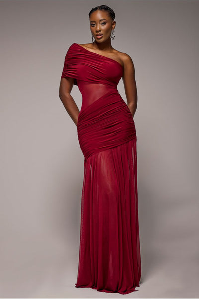 Wine - Goddiva Gathered One Shoulder Sheer Panel Maxi Dress - Wine