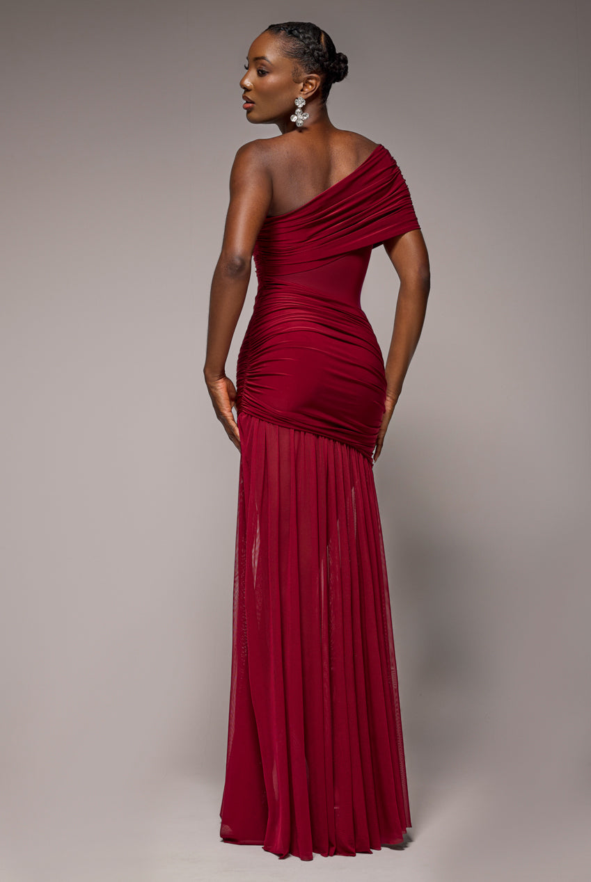 Goddiva Gathered One Shoulder Sheer Panel Maxi Dress - Wine