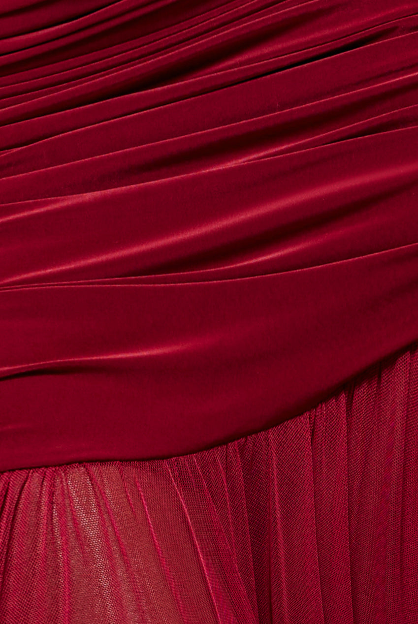 Goddiva Gathered One Shoulder Sheer Panel Maxi Dress - Wine