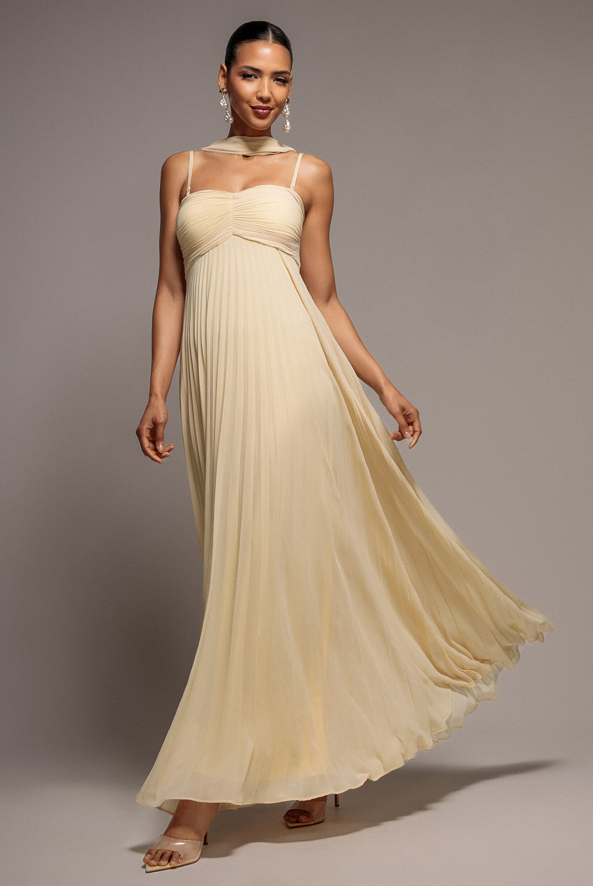 Goddiva Sleeveless Pleated Chiffon Multiway Scarf Maxi Dress - Butter Yellow