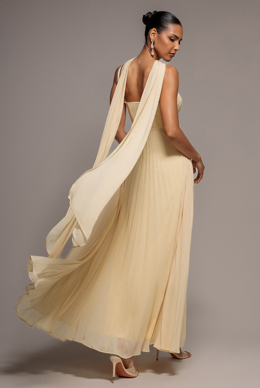Goddiva Sleeveless Pleated Chiffon Multiway Scarf Maxi Dress - Butter Yellow