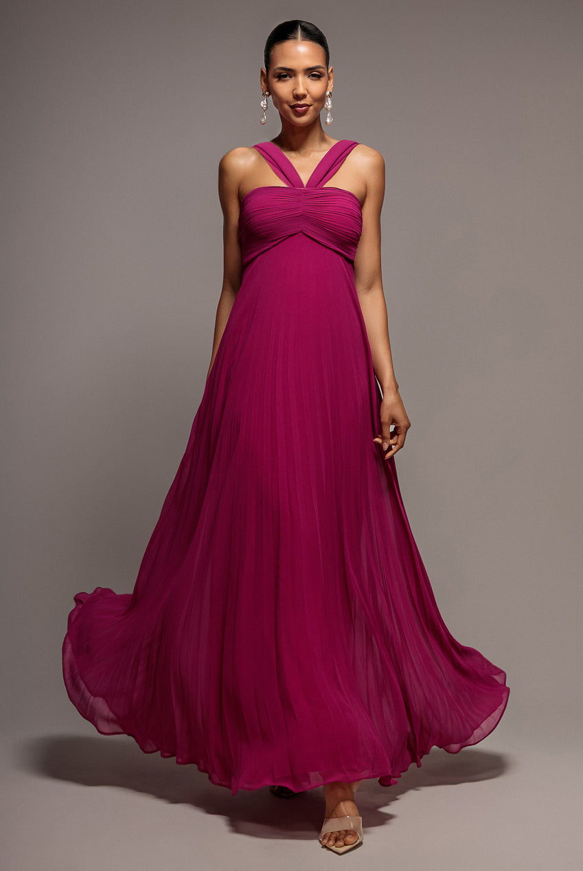 Goddiva Sleeveless Pleated Chiffon Multiway Scarf Maxi Dress - Magenta