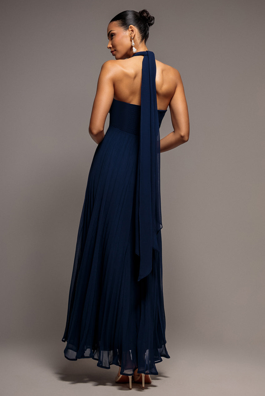 Goddiva Sleeveless Pleated Chiffon Multiway Scarf Maxi Dress - Navy Blue