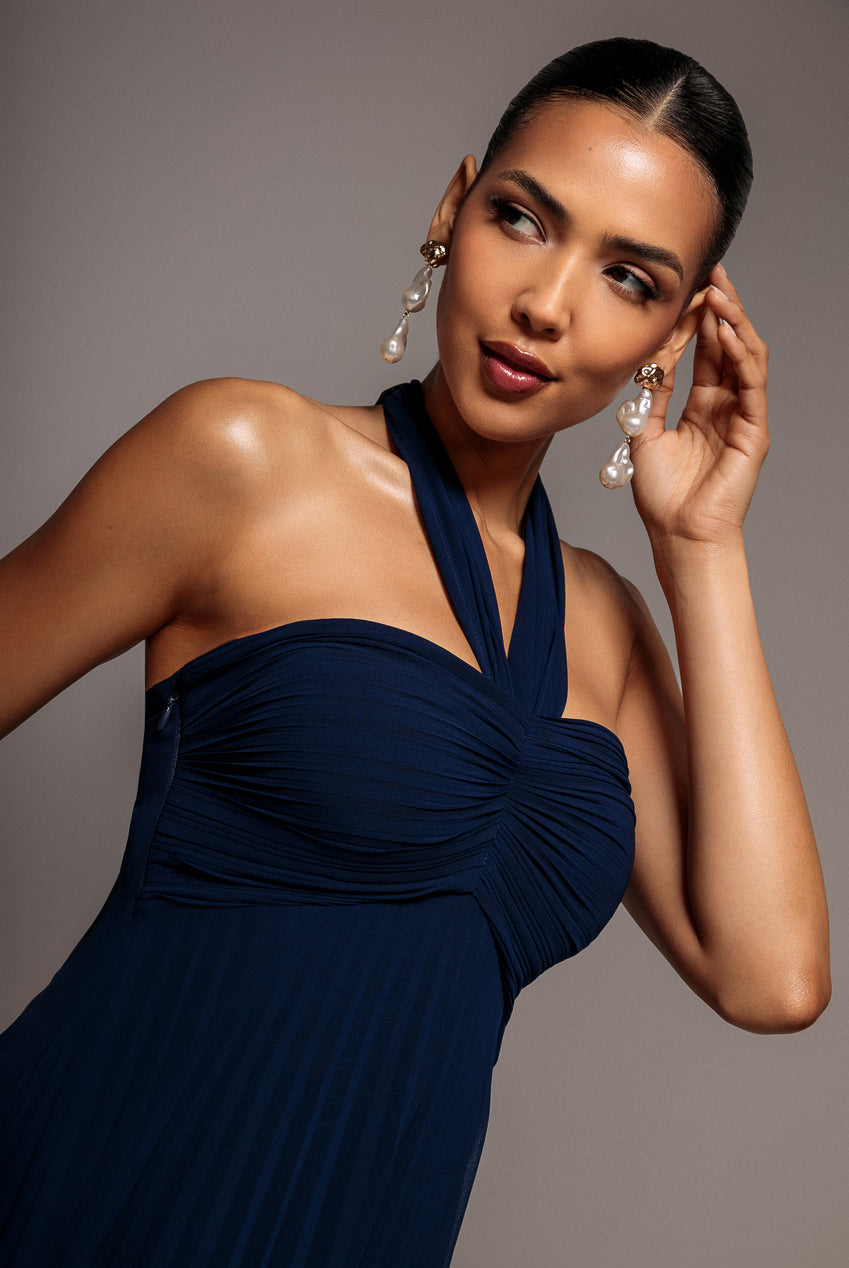 Goddiva Sleeveless Pleated Chiffon Multiway Scarf Maxi Dress - Navy Blue