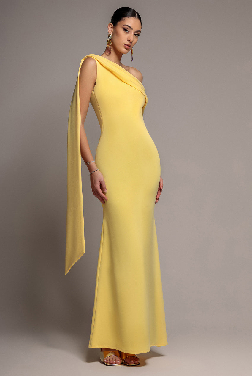 Goddiva Sash One Shoulder Bardot Maxi Dress - Butter Yellow