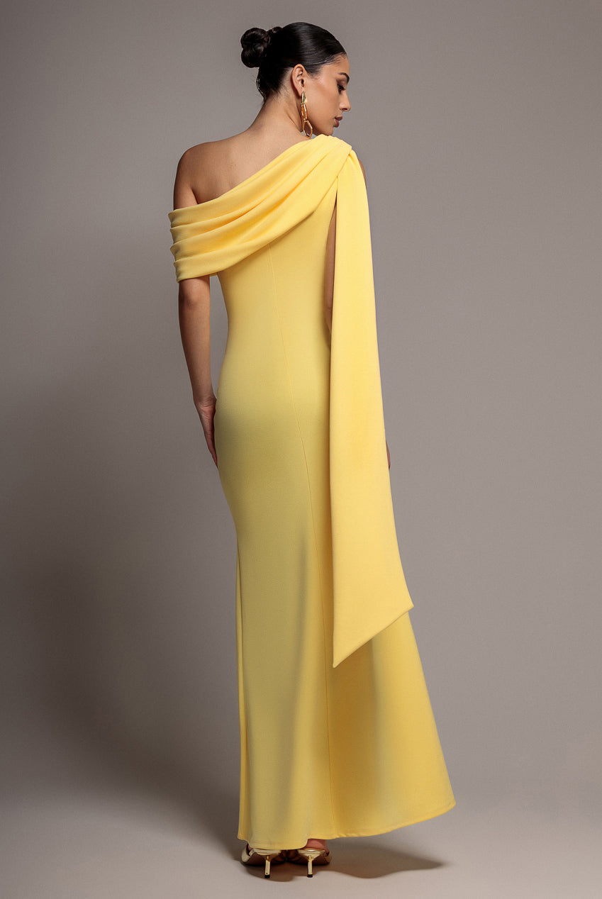 Goddiva Sash One Shoulder Bardot Maxi Dress - Butter Yellow