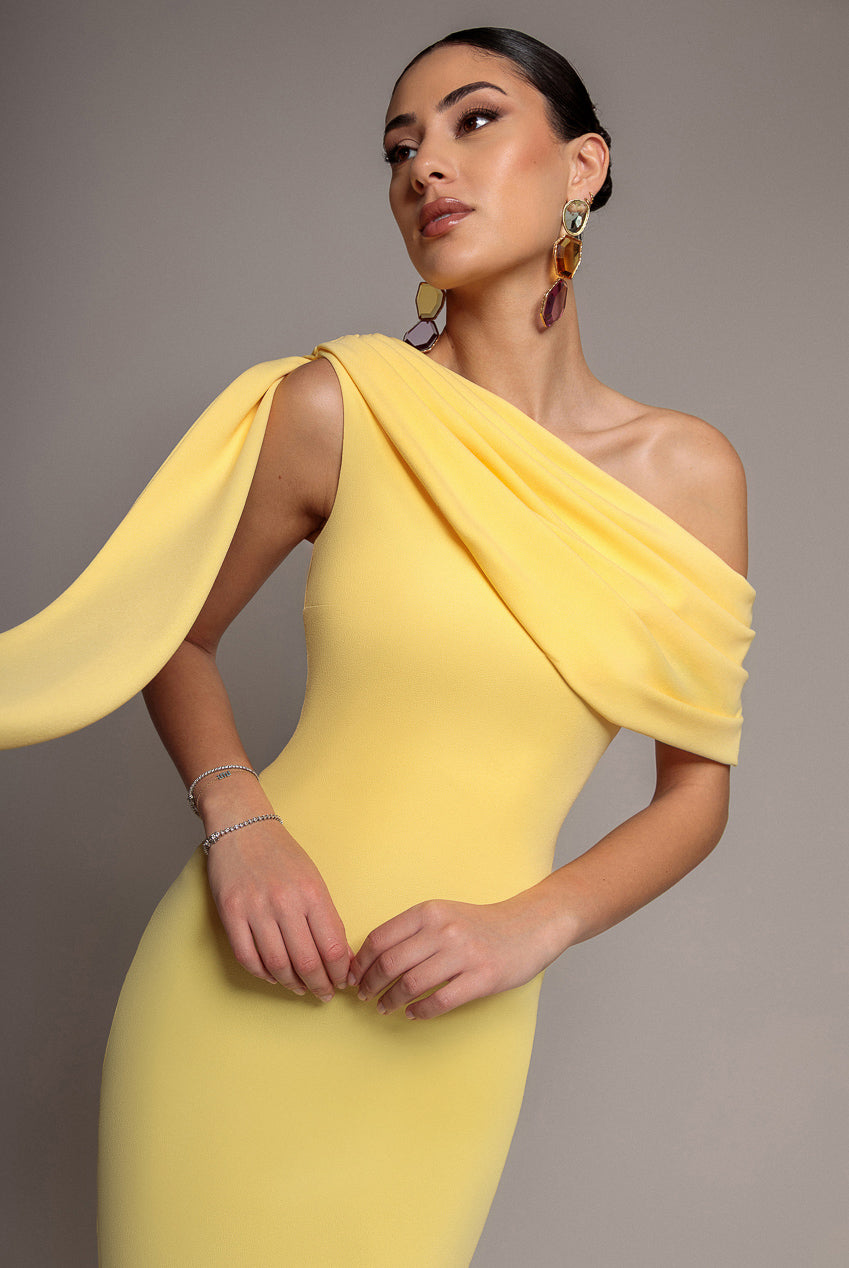 Goddiva Sash One Shoulder Bardot Maxi Dress - Butter Yellow