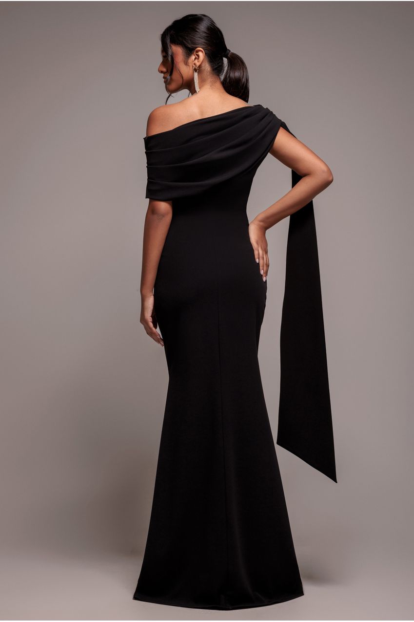 Goddiva Sash One Shoulder Bardot Maxi Dress - Black