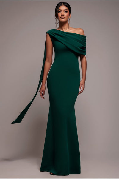 EmeraldGreen - Goddiva Sash One Shoulder Bardot Maxi Dress - Emerald Green