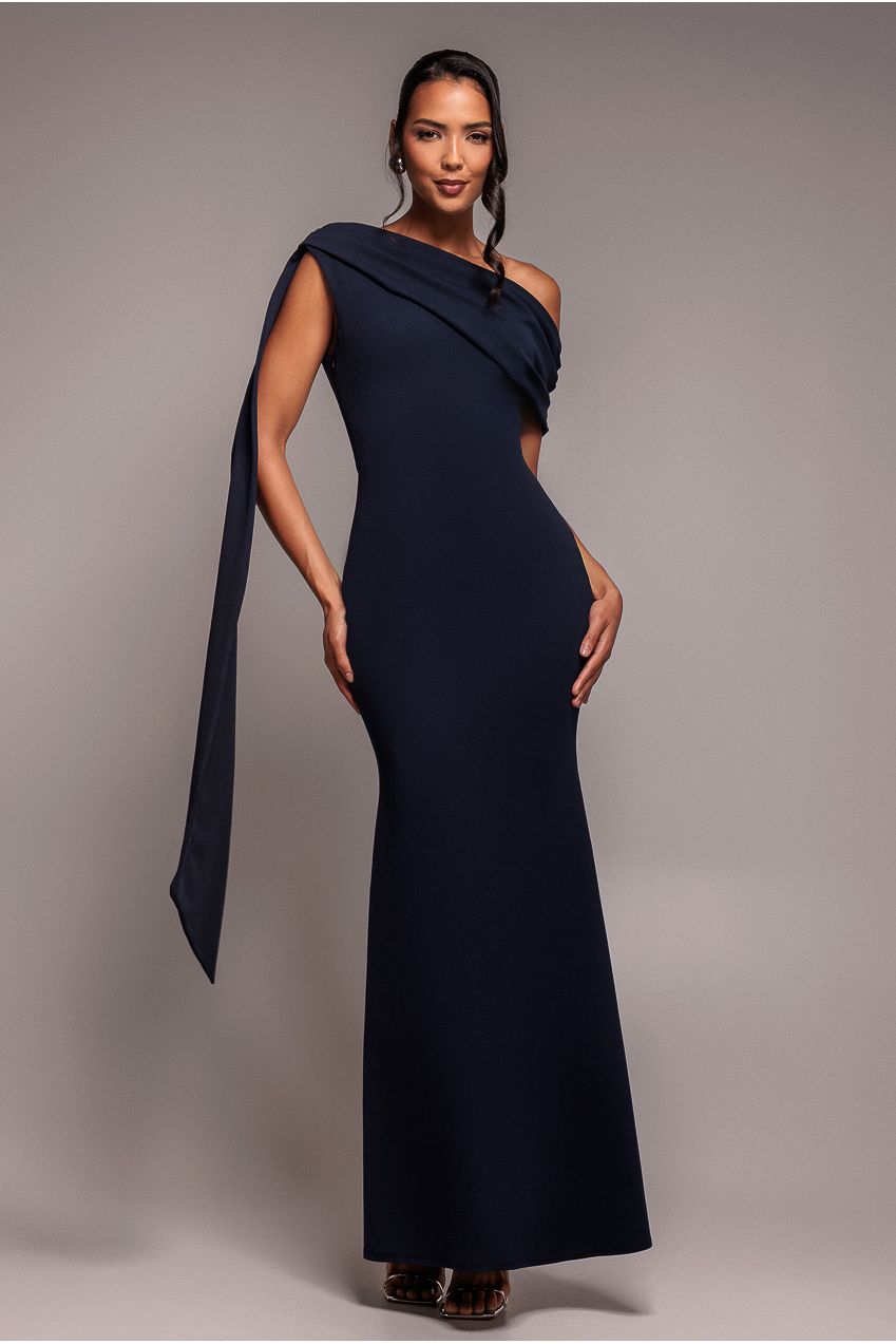 Goddiva Sash One Shoulder Bardot Maxi Dress - Navy Blue