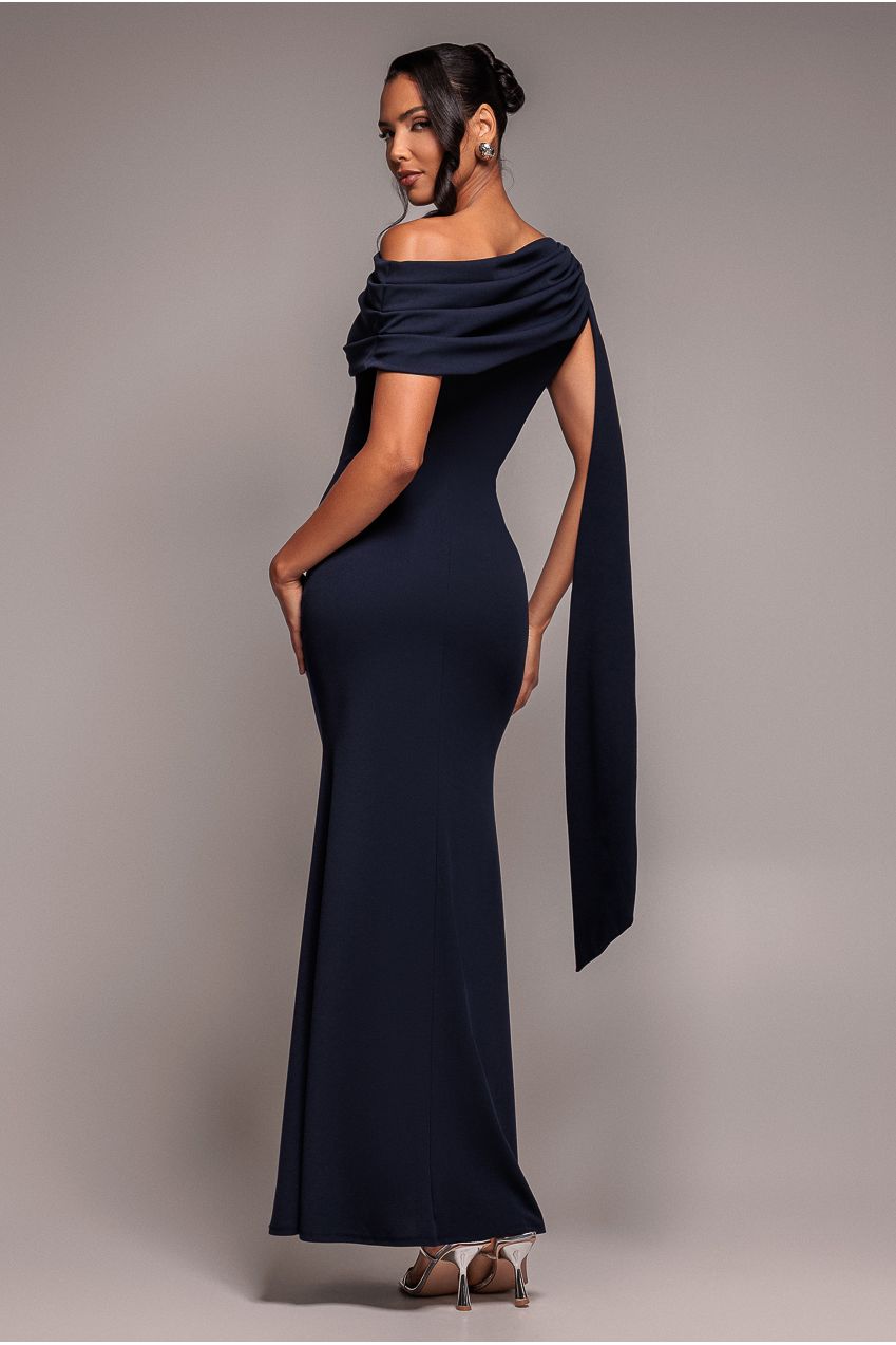 Goddiva Sash One Shoulder Bardot Maxi Dress - Navy Blue