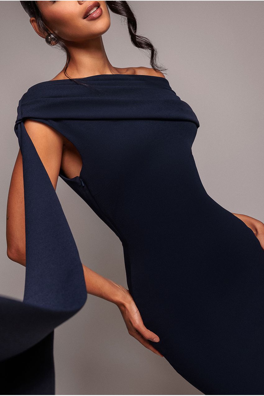Goddiva Sash One Shoulder Bardot Maxi Dress - Navy Blue