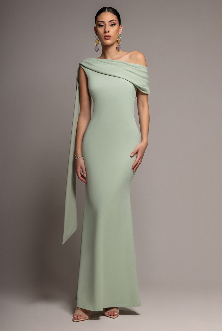 Goddiva Sash One Shoulder Bardot Maxi Dress - Sage Green