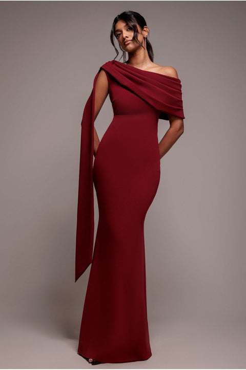Goddiva Sash One Shoulder Bardot Maxi Dress - Wine